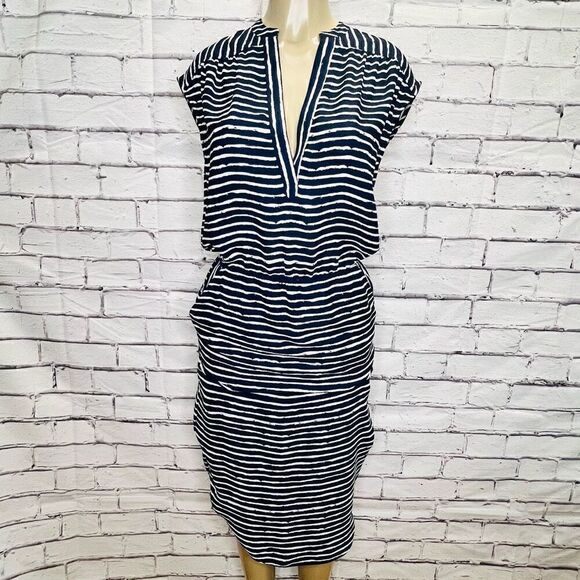 Banana Republic Womens Blue & Cream Striped Cap Sleeve Split Neck Blouson Dress - Picture 1 of 10